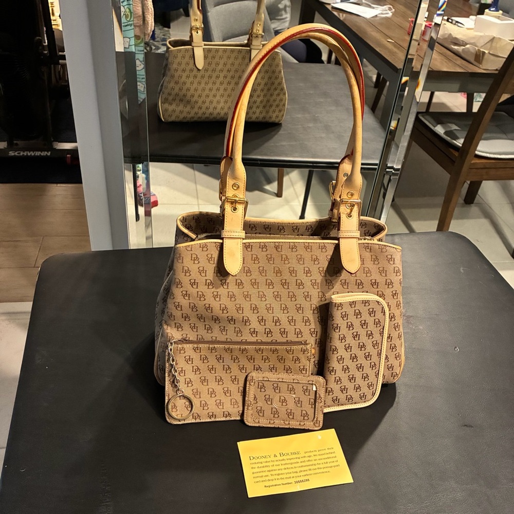 Dooney & Bourke Beige Monogram Tote with Cream Trim with extras - Picture 3 of 11